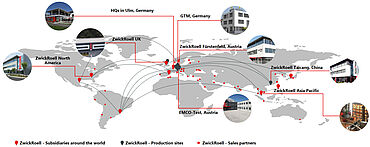 The ZwickRoell Group with production facilities, subsidiaries and sales and service companies in 56 countries around the world